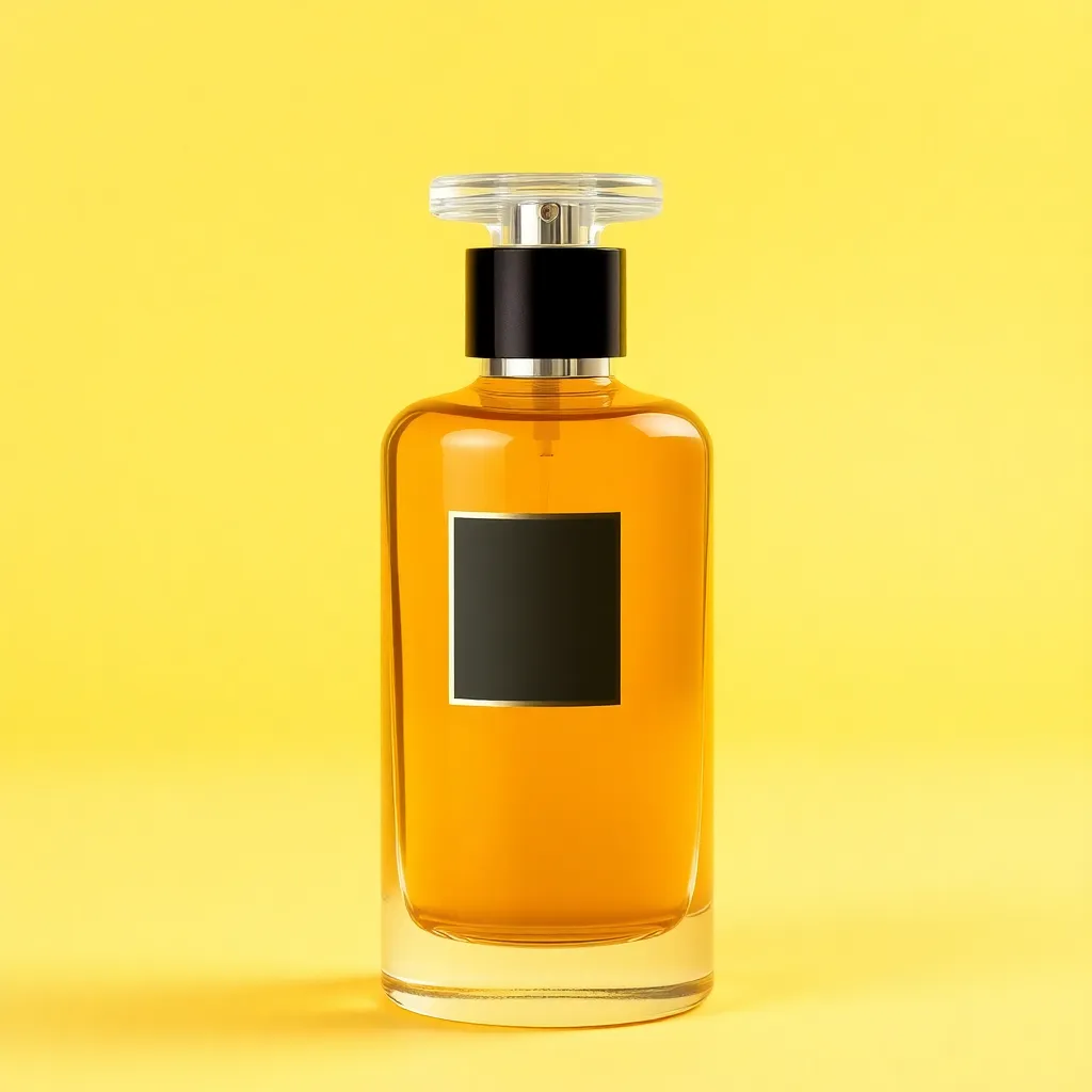 Elegant perfume bottle with golden amber liquid and black cap on yellow background