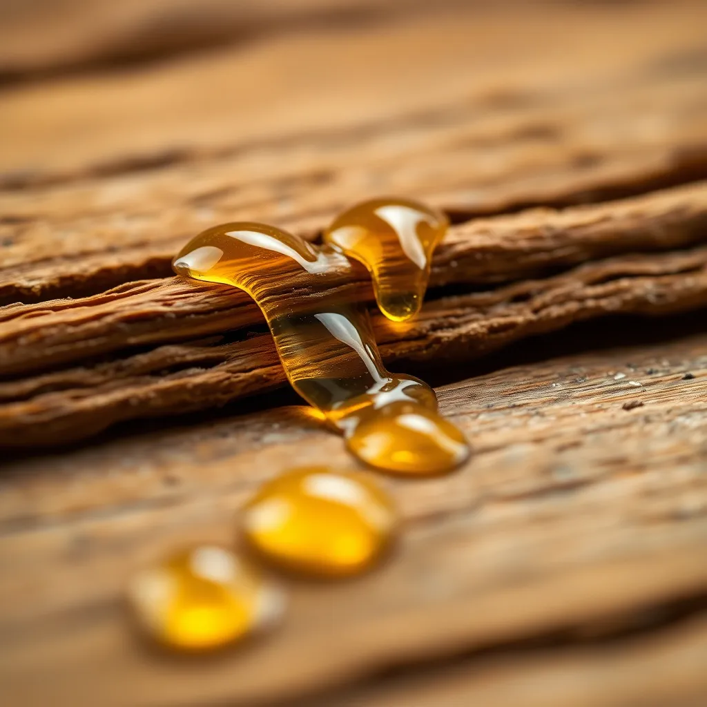 Close-up of amber resin drops on a wooden surface with warm yellow lighting