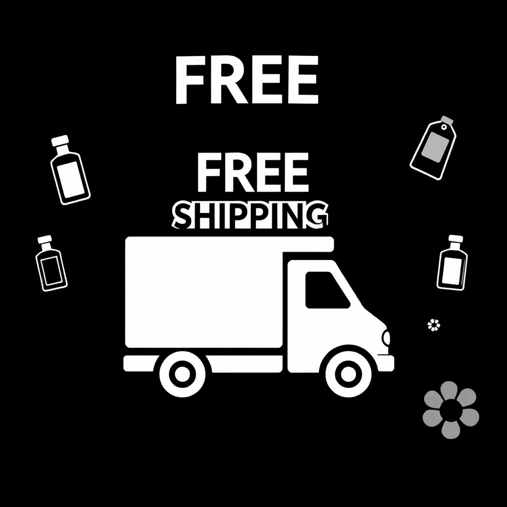Free shipping banner with perfume bottles and delivery truck icon on a black background
