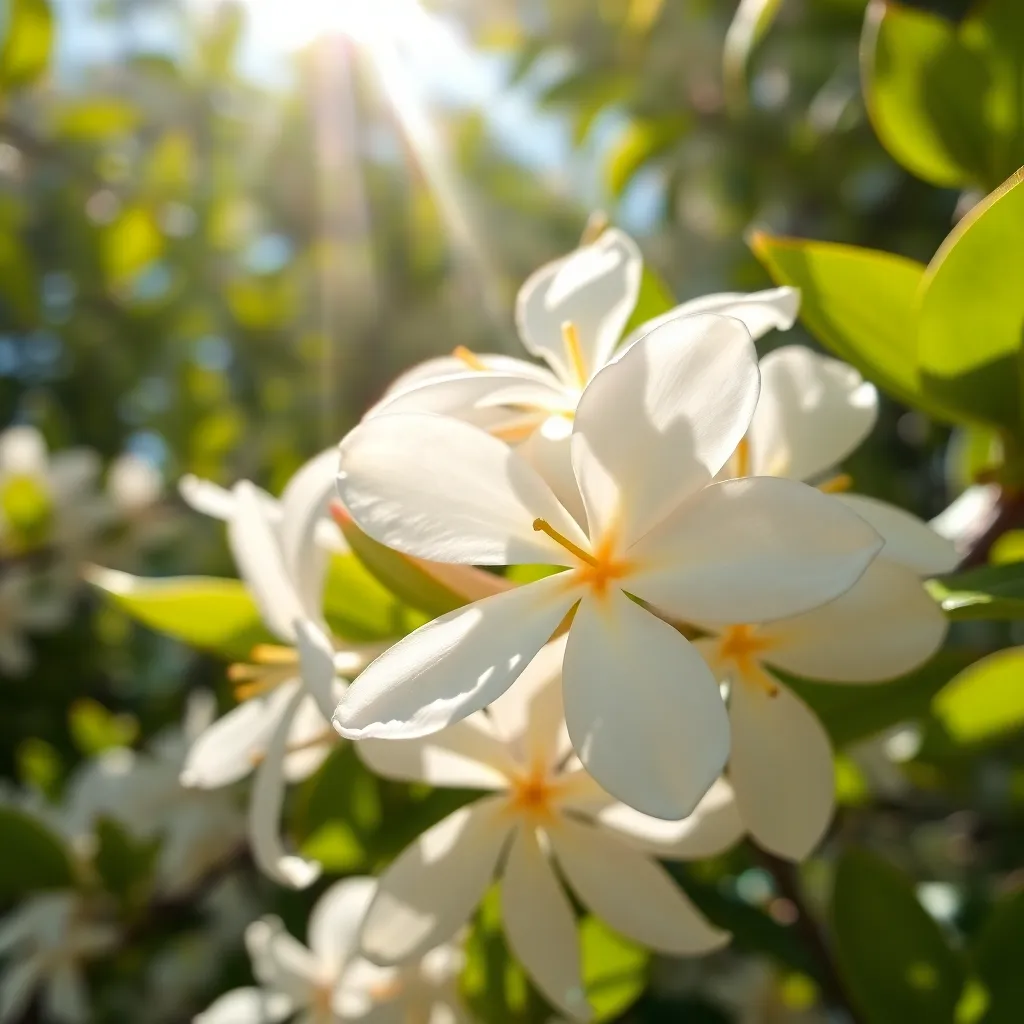 Close-up of fresh jasmine flowers with yellow sunlight filtering through leaves