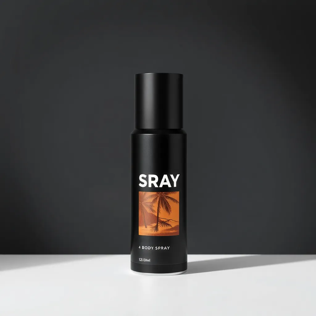 Body spray can with sleek black design and amber label on a dark background